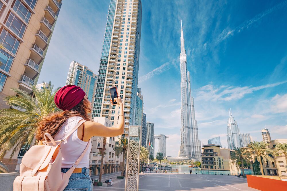 Dubai holiday — the city skyline with Burj Khalifa, United Arab Emirates.