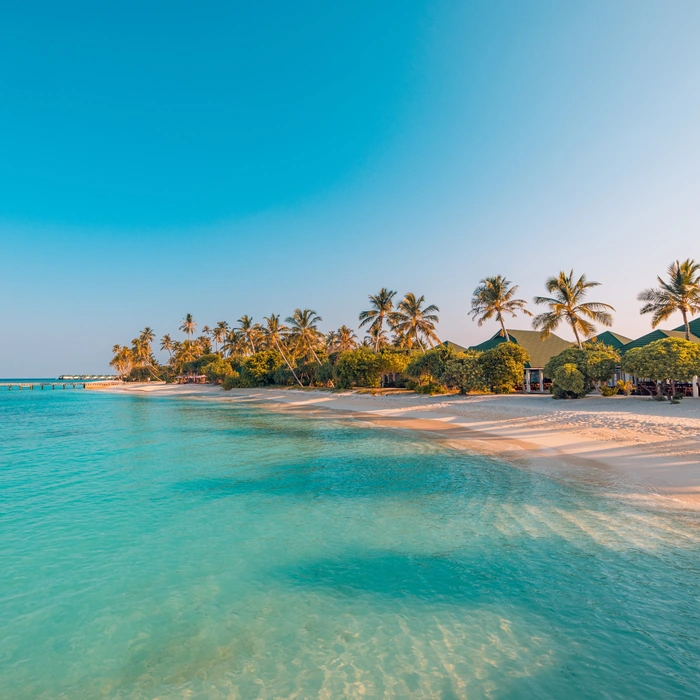 Exotic holiday in Mauritius — palm-fringed beach and turquoise lagoon in the Indian Ocean.