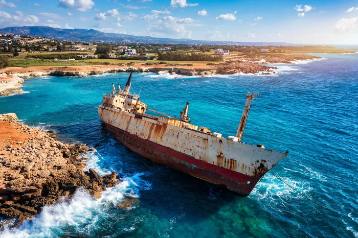 Paphos charter holiday, Cyprus – The Edro III shipwreck on the rocky coast.