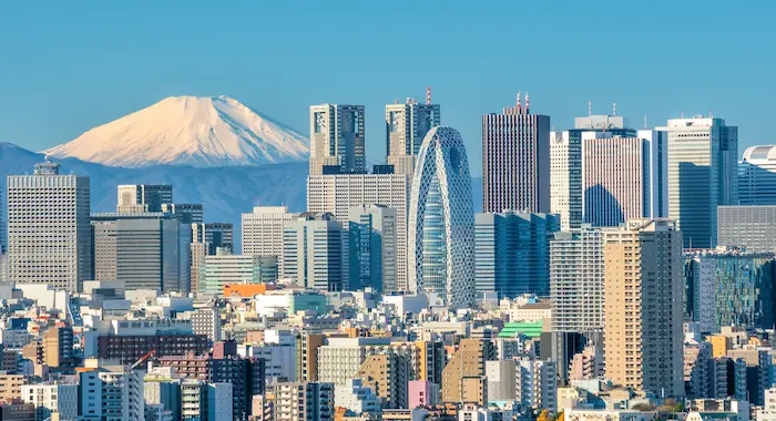 Muntele Fuji înzăpezit peste zgârie-norii din Shinjuku Tokyo, sejur city break Japonia - rezervare hoteluri
