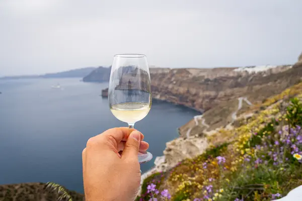 Pahar cu vin alb tinut deasupra calderei Santorini cu flori de primavara, Grecia