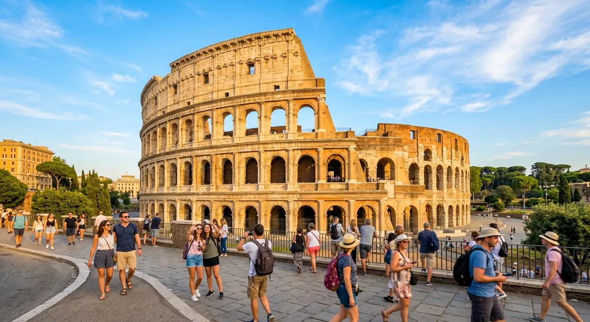 Colosseum Rome tickets — the Flavian Amphitheatre in afternoon light, with visitors on Piazza del Colosseo