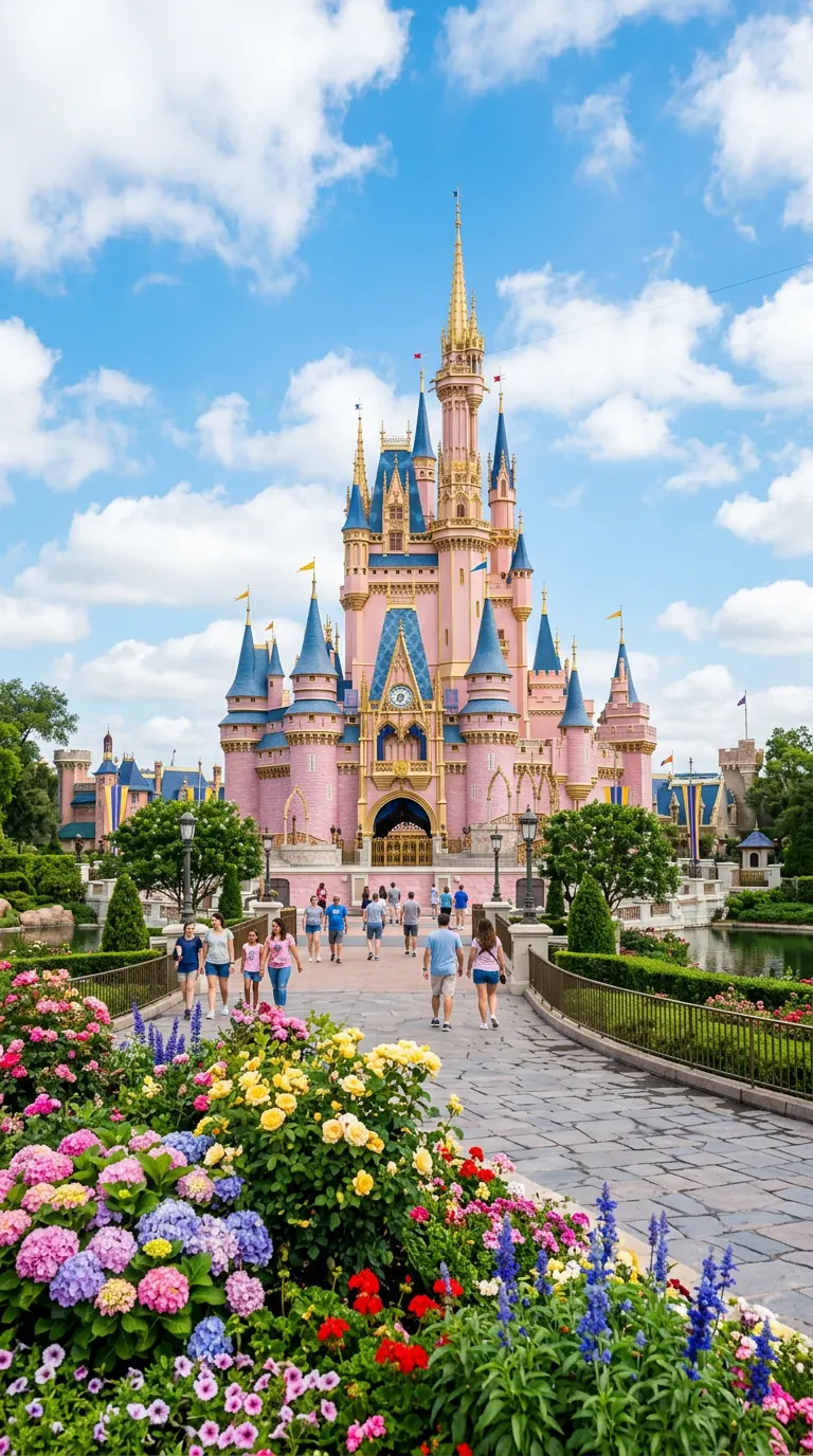 Disneyland Paris tickets — the castle of the Marne-la-Vallée theme park, with a flower-lined path in front