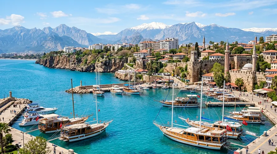 Antalya charter holiday — the old harbour with excursion boats and the Taurus Mountains behind