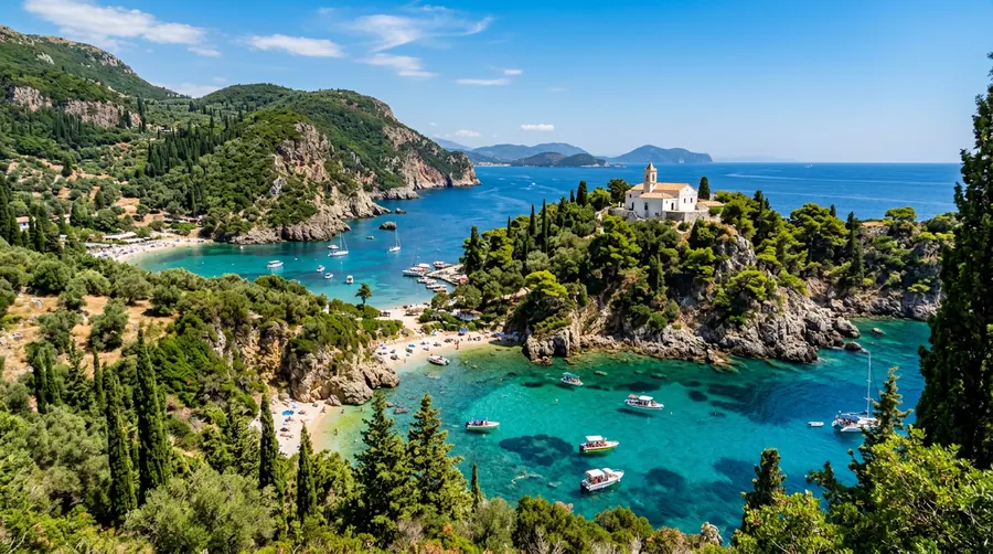 Corfu charter holiday — Paleokastritsa bay, with the monastery on the headland and emerald water