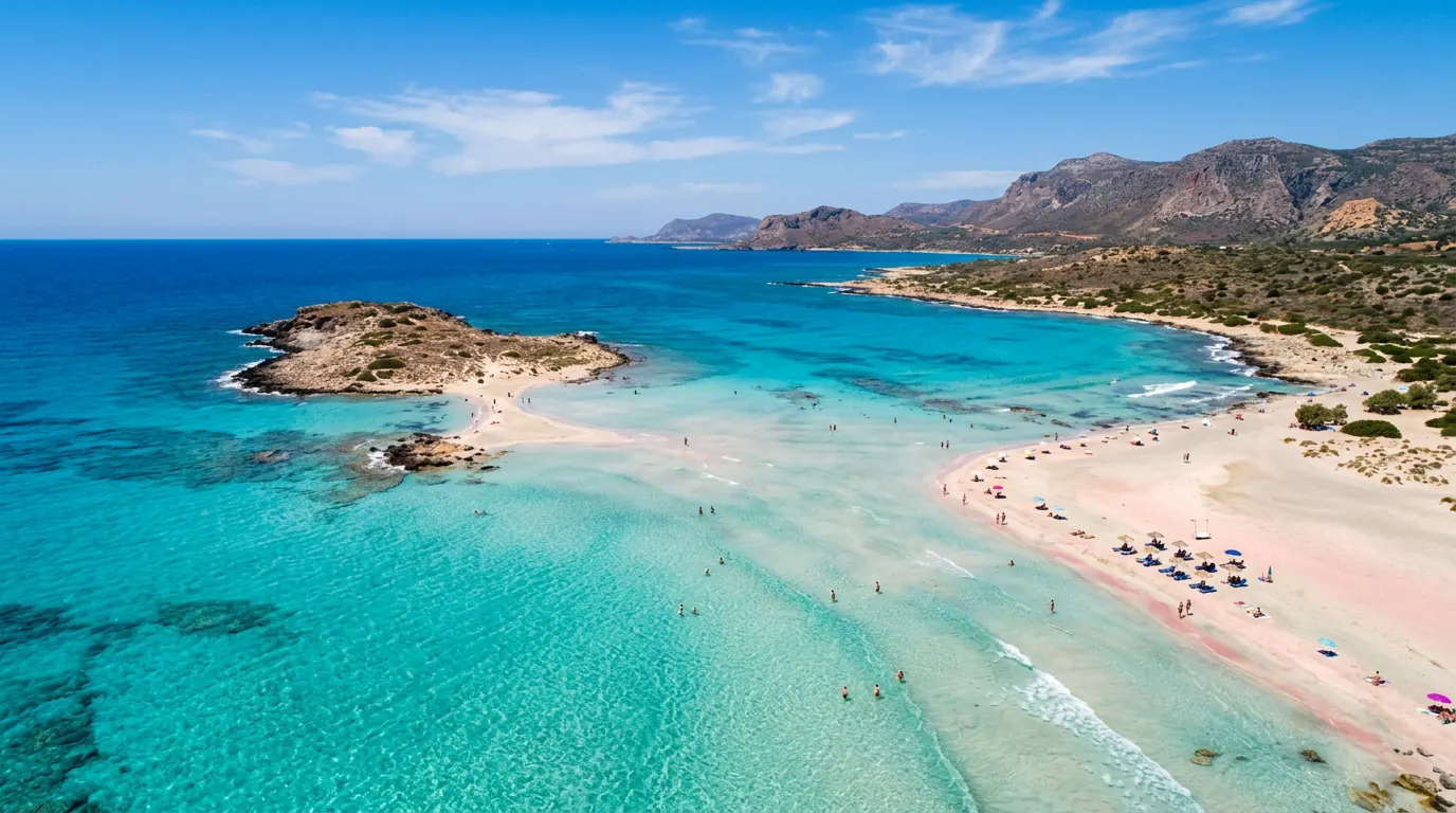 Crete charter holiday — Elafonisi lagoon with turquoise water and white sand, seen from above