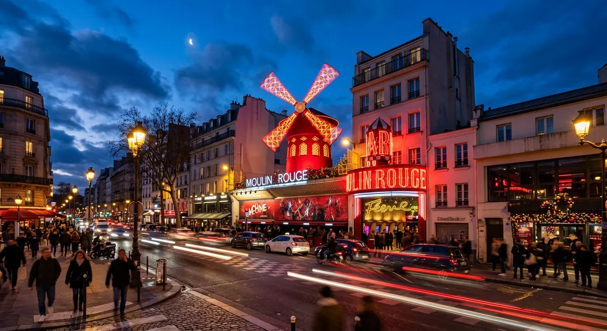 Bilete Moulin Rouge Paris — moara roșie a cabaretului luminată seara, în Pigalle