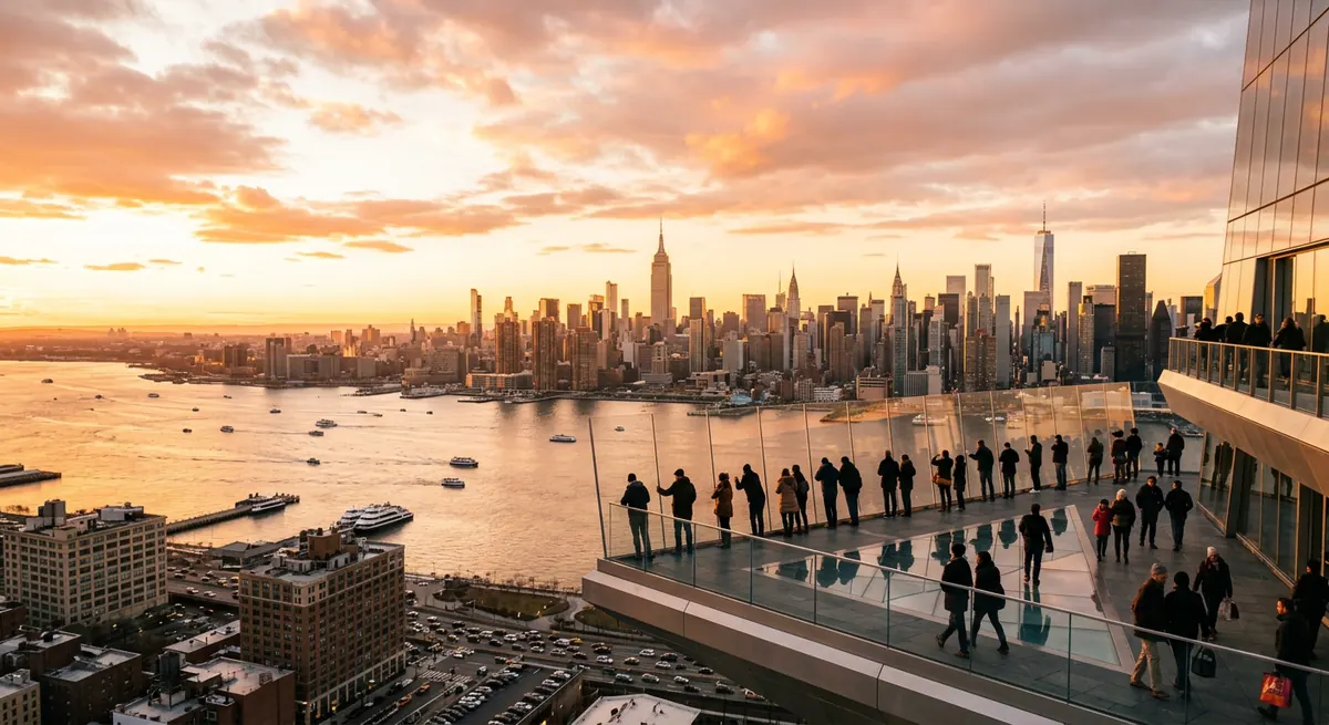 Bilete The Edge New York — platforma de observație cu podea de sticlă de la Hudson Yards, la apus peste Manhattan